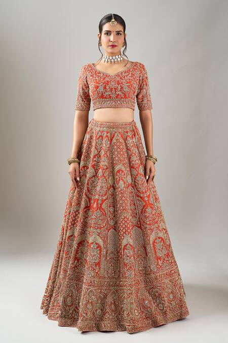 Kalighata_Orange Silk Embroidery, Sequins, Zari Rust Elnaz Lehenga Set _Online_at_Aza_Fashions