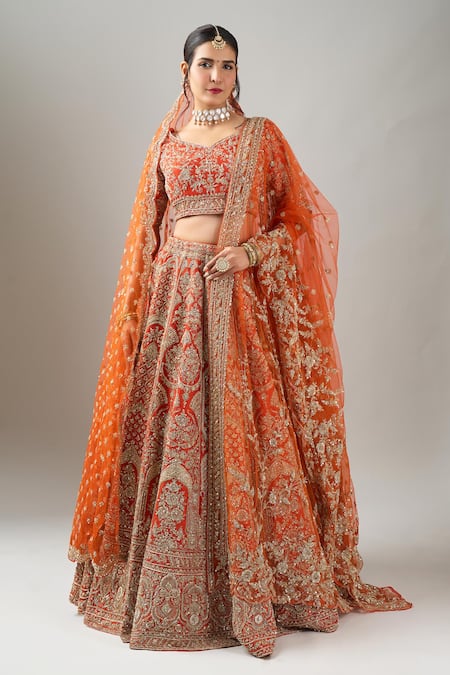 Buy_Kalighata_Orange Silk Embroidery, Sequins, Zari Rust Elnaz Lehenga Set _Online_at_Aza_Fashions
