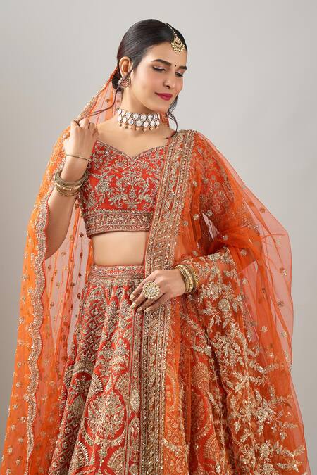 Shop_Kalighata_Orange Silk Embroidery, Sequins, Zari Rust Elnaz Lehenga Set _Online_at_Aza_Fashions