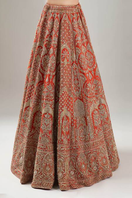 Kalighata_Orange Silk Embroidery, Sequins, Zari Rust Elnaz Lehenga Set _at_Aza_Fashions