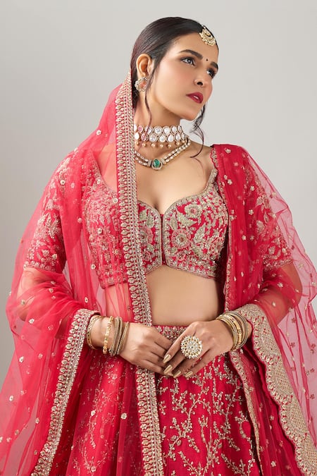Kalighata_Red Sequins, Zari, Embroidery Cherry Spring Fall Lehenga Set _Online_at_Aza_Fashions
