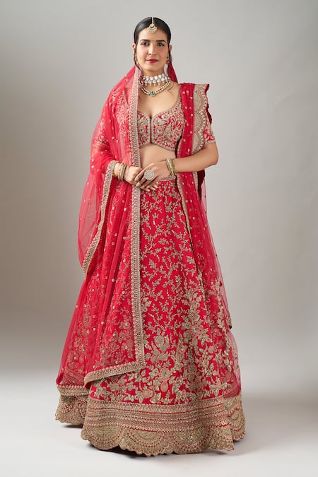 Shop_Kalighata_Red Sequins, Zari, Embroidery Cherry Spring Fall Lehenga Set _Online_at_Aza_Fashions