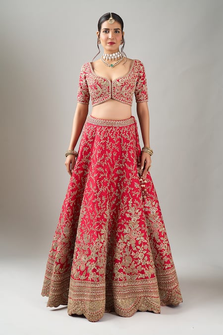 Kalighata_Red Sequins, Zari, Embroidery Cherry Spring Fall Lehenga Set _at_Aza_Fashions
