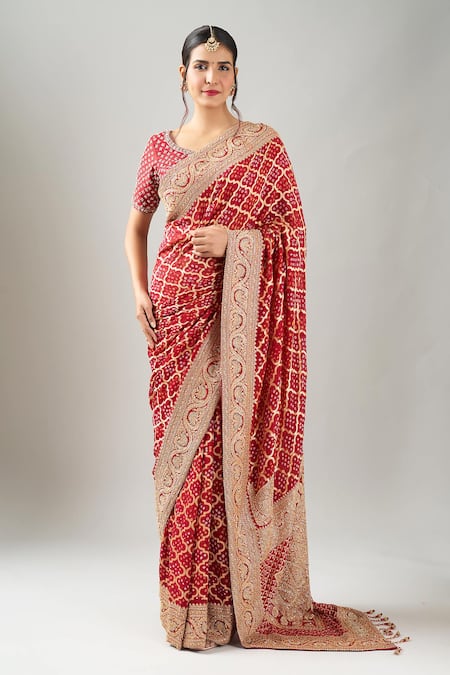 Kalighata_Red Embroidery Round Neck Bandhej Saree With Blouse_Online_at_Aza_Fashions