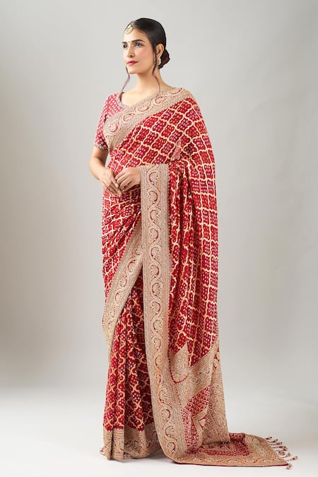 Buy_Kalighata_Red Embroidery Round Neck Bandhej Saree With Blouse_Online_at_Aza_Fashions