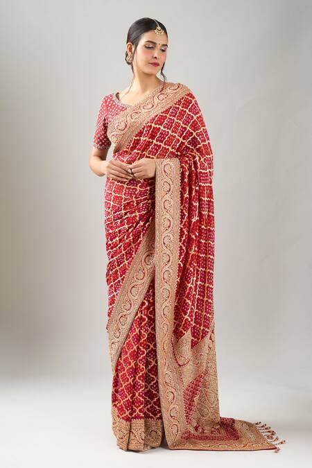 Shop_Kalighata_Red Embroidery Round Neck Bandhej Saree With Blouse_Online_at_Aza_Fashions