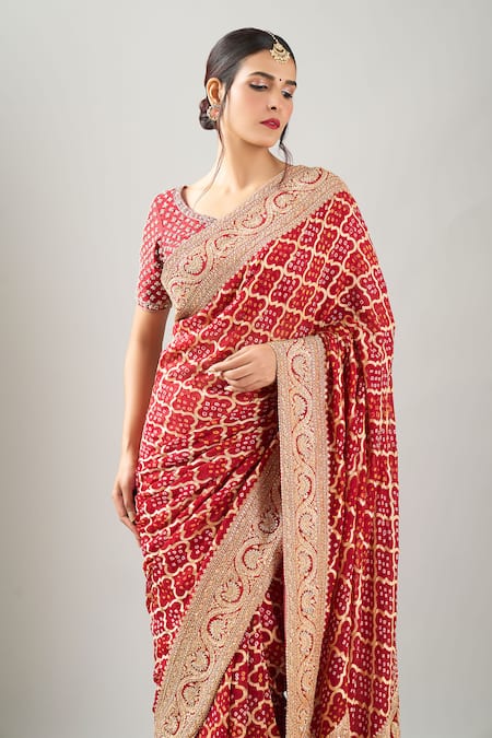 Kalighata_Red Embroidery Round Neck Bandhej Saree With Blouse_at_Aza_Fashions