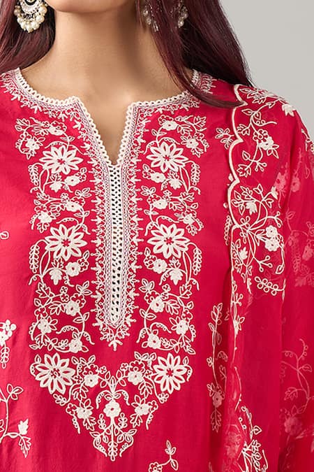 Shop_Anushree Reddy_Red Embroidery Split V-neck Kali Aari Work Kurta Set _Online_at_Aza_Fashions