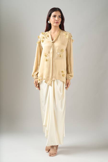 Namrata Joshipura_Beige Embroidery Collared Front Tie Up Top_Online_at_Aza_Fashions