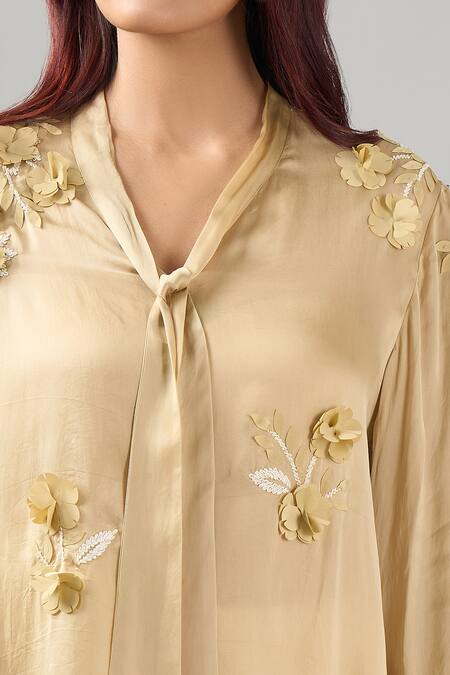 Buy_Namrata Joshipura_Beige Embroidery Collared Front Tie Up Top_Online_at_Aza_Fashions