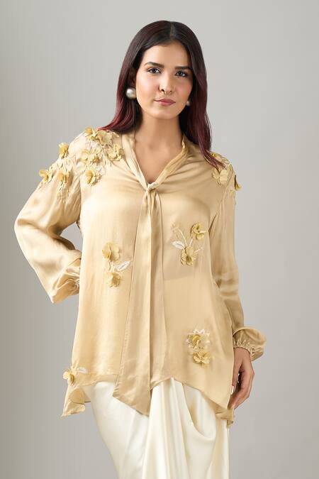 Namrata Joshipura_Beige Embroidery Collared Front Tie Up Top_at_Aza_Fashions