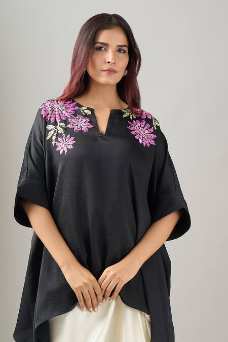 Namrata Joshipura Black Embroidery Split V-neck Luminora Tunic Online at Aza Fashions Namrata Joshipura_Black Embroidery Split V-neck Luminora Tunic_Online_at_Aza_Fashions