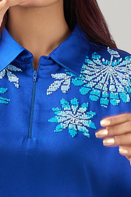 Namrata Joshipura_Blue Embroidery Collared German Back Tie Top_Online_at_Aza_Fashions
