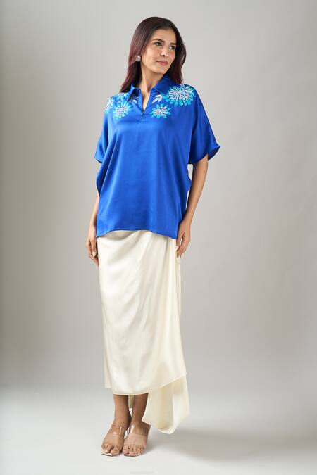 Buy_Namrata Joshipura_Blue Embroidery Collared German Back Tie Top_Online_at_Aza_Fashions