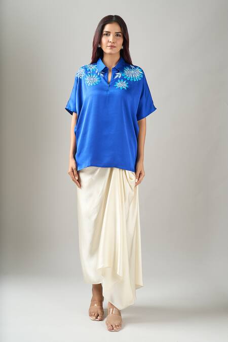 Shop_Namrata Joshipura_Blue Embroidery Collared German Back Tie Top_Online_at_Aza_Fashions