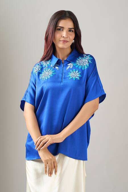 Namrata Joshipura_Blue Embroidery Collared German Back Tie Top_at_Aza_Fashions
