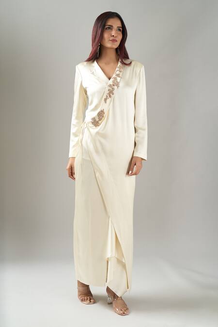 Anamika Khanna_Ivory Silk Embroidery Long Coat Set _Online_at_Aza_Fashions