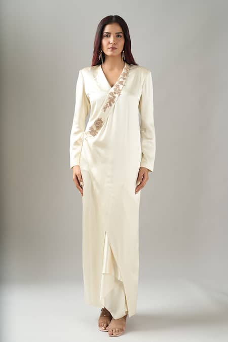 Buy_Anamika Khanna_Ivory Silk Embroidery Long Coat Set _Online_at_Aza_Fashions