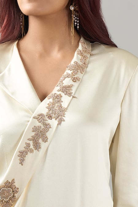 Anamika Khanna_Ivory Silk Embroidery Long Coat Set _at_Aza_Fashions