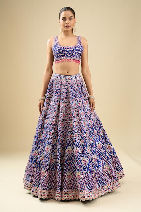 Shyam Narayan Prasad_Blue Silk, Chiffon Embroidery, Gota Patti Round Neck Mazarine Lehenga Set _Online_at_Aza_Fashions