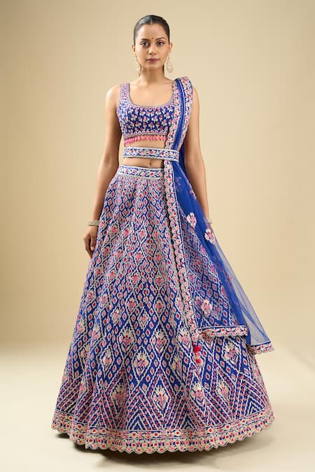 Buy_Shyam Narayan Prasad_Blue Silk, Chiffon Embroidery, Gota Patti Round Neck Mazarine Lehenga Set _Online_at_Aza_Fashions