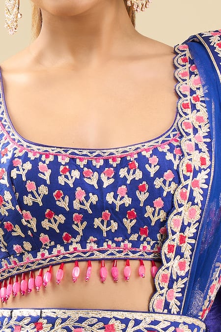 Shop_Shyam Narayan Prasad_Blue Silk, Chiffon Embroidery, Gota Patti Round Neck Mazarine Lehenga Set _Online_at_Aza_Fashions