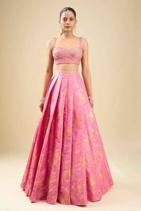 Shyam Narayan Prasad_Fuchsia Brocade, Organza Zari, Embroidery Flamingo Pink Zardozi Lehenga Set _Online_at_Aza_Fashions