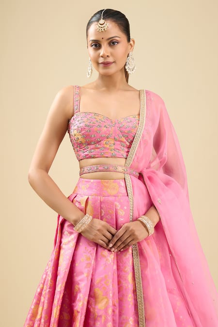 Shyam Narayan Prasad_Fuchsia Brocade, Organza Zari, Embroidery Flamingo Pink Zardozi Lehenga Set _at_Aza_Fashions