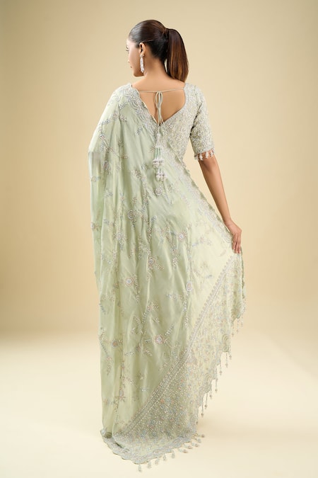 Kalighata Embroidered Aqua Blue Saree & Blouse Set 