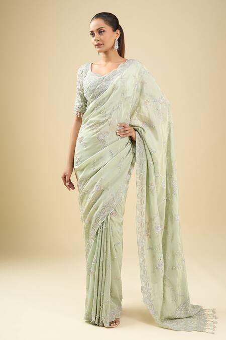 Kalighata_Aqua Sequins, Tassels, Cut Work Embroidered Blue Saree And Blouse Set _Online_at_Aza_Fashions