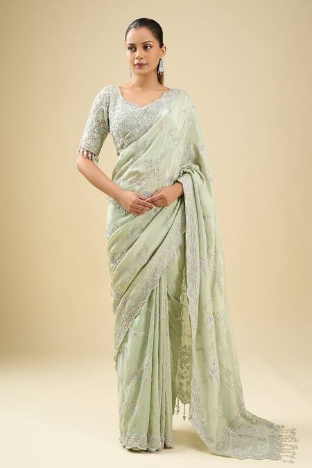 Buy_Kalighata_Aqua Sequins, Tassels, Cut Work Embroidered Blue Saree And Blouse Set _Online_at_Aza_Fashions