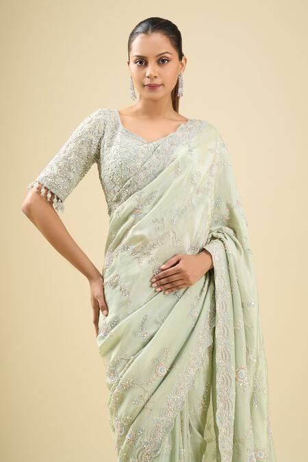 Shop_Kalighata_Aqua Sequins, Tassels, Cut Work Embroidered Blue Saree And Blouse Set _Online_at_Aza_Fashions