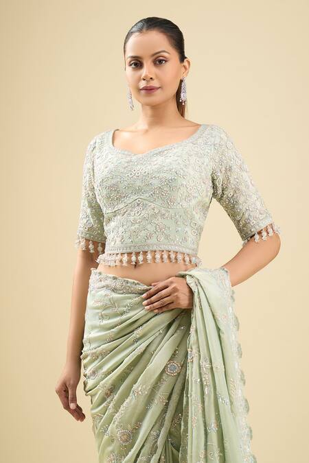 Kalighata_Aqua Sequins, Tassels, Cut Work Embroidered Blue Saree And Blouse Set _at_Aza_Fashions
