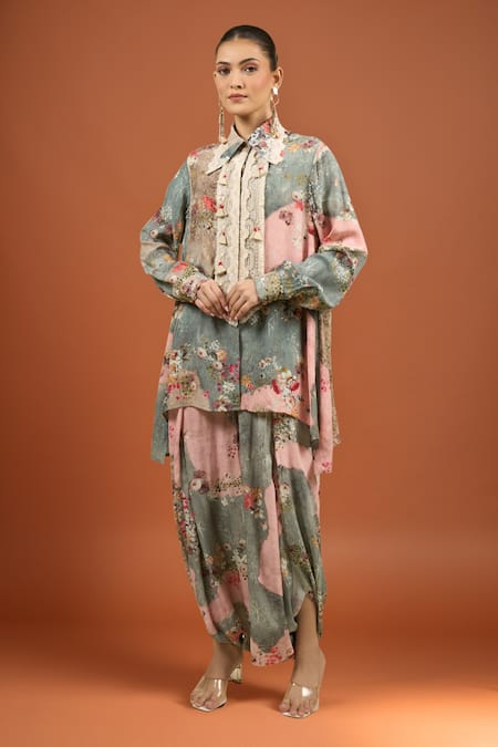 Aseem Kapoor Multi Color Embroidery Collared Floral Shirt Trouser Set 