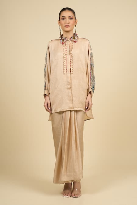 Aseem Kapoor Beige Cotton Tassels, Embroidery High Neck, Collared Ecru Jacket Shirt Skirt Set Online at Aza Fashions Aseem Kapoor_Beige Cotton Tassels, Embroidery High Neck, Collared Ecru Jacket Shirt Skirt Set _Online_at_Aza_Fashions