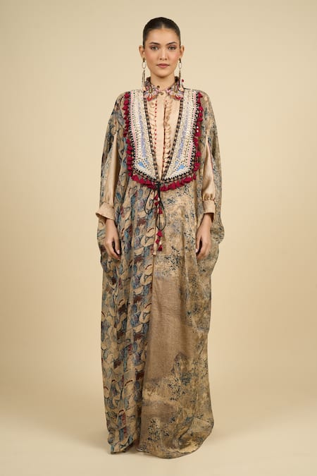 Shop Aseem Kapoor Beige Cotton Tassels, Embroidery High Neck, Collared Ecru Jacket Shirt Skirt Set Online at Aza Fashions Shop_Aseem Kapoor_Beige Cotton Tassels, Embroidery High Neck, Collared Ecru Jacket Shirt Skirt Set _Online_at_Aza_Fashions