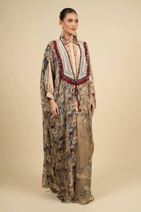 Aseem Kapoor Beige Cotton Tassels, Embroidery High Neck, Collared Ecru Jacket Shirt Skirt Set at Aza Fashions Aseem Kapoor_Beige Cotton Tassels, Embroidery High Neck, Collared Ecru Jacket Shirt Skirt Set _at_Aza_Fashions