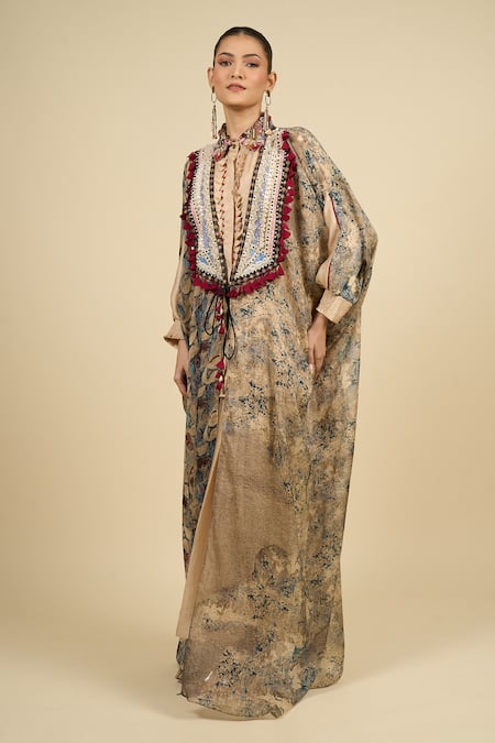 Shop Aseem Kapoor Beige Cotton Tassels, Embroidery High Neck, Collared Ecru Jacket Shirt Skirt Set Shop_Aseem Kapoor_Beige Cotton Tassels, Embroidery High Neck, Collared Ecru Jacket Shirt Skirt Set