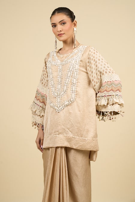 Aseem Kapoor_Beige Tassels Round Neck Ecru Kurta And Skirt Set _Online_at_Aza_Fashions
