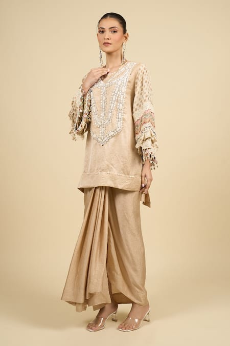 Shop_Aseem Kapoor_Beige Tassels Round Neck Ecru Kurta And Skirt Set _Online_at_Aza_Fashions