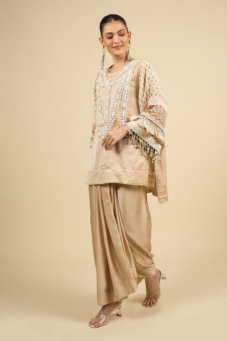 Aseem Kapoor_Beige Tassels Round Neck Ecru Kurta And Skirt Set _at_Aza_Fashions