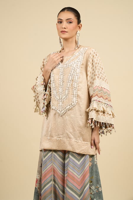 Buy Aseem Kapoor Beige Embroidery Round Neck Ecru Kurta With Chevron Trouser Set Online at Aza Fashions Buy_Aseem Kapoor_Beige Embroidery Round Neck Ecru Kurta With Chevron Trouser Set _Online_at_Aza_Fashions