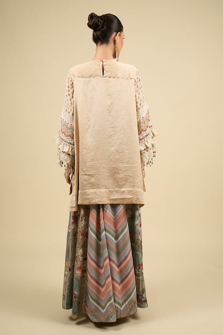 Shop Aseem Kapoor Beige Embroidery Round Neck Ecru Kurta With Chevron Trouser Set at Aza Fashions Shop_Aseem Kapoor_Beige Embroidery Round Neck Ecru Kurta With Chevron Trouser Set _at_Aza_Fashions