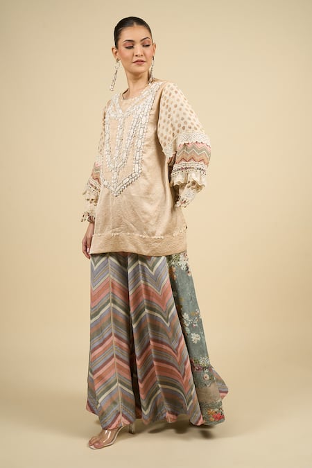 Shop Aseem Kapoor Beige Embroidery Round Neck Ecru Kurta With Chevron Trouser Set Online at Aza Fashions Shop_Aseem Kapoor_Beige Embroidery Round Neck Ecru Kurta With Chevron Trouser Set _Online_at_Aza_Fashions