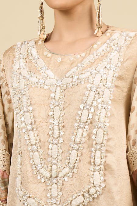 Aseem Kapoor Beige Embroidery Round Neck Ecru Kurta With Chevron Trouser Set at Aza Fashions Aseem Kapoor_Beige Embroidery Round Neck Ecru Kurta With Chevron Trouser Set _at_Aza_Fashions