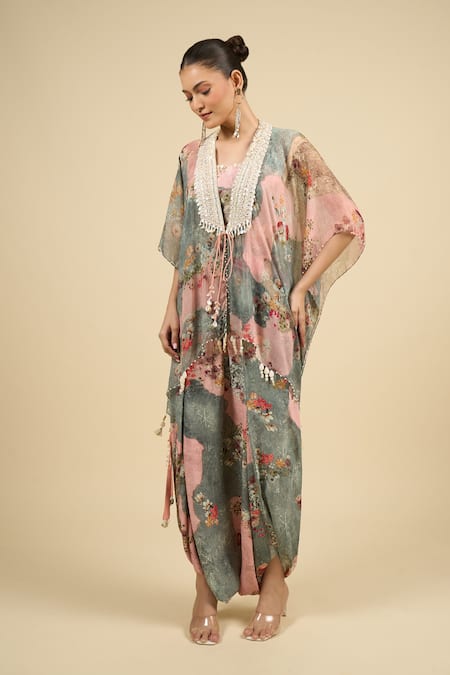 Shop Aseem Kapoor Multi Color Beads Round Neck Printed Jacket And Trouser Set Online at Aza Fashions Shop_Aseem Kapoor_Multi Color Beads Round Neck Printed Jacket And Trouser Set _Online_at_Aza_Fashions