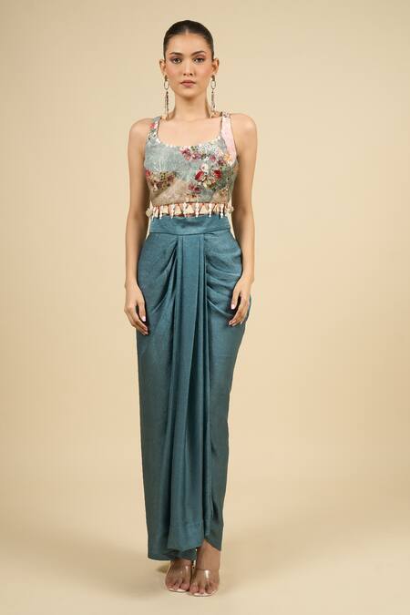 Aseem Kapoor_Teal Silk Embroidery V-neck Dull Gilet And Skirt Set _Online_at_Aza_Fashions