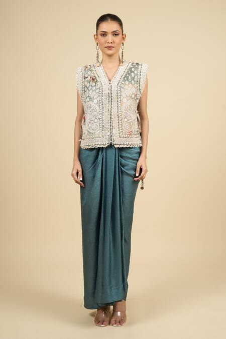 Buy_Aseem Kapoor_Teal Silk Embroidery V-neck Dull Gilet And Skirt Set _Online_at_Aza_Fashions