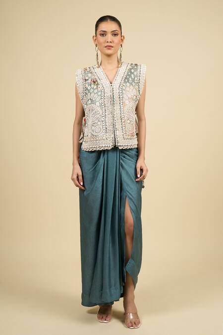 Shop_Aseem Kapoor_Teal Silk Embroidery V-neck Dull Gilet And Skirt Set _Online_at_Aza_Fashions