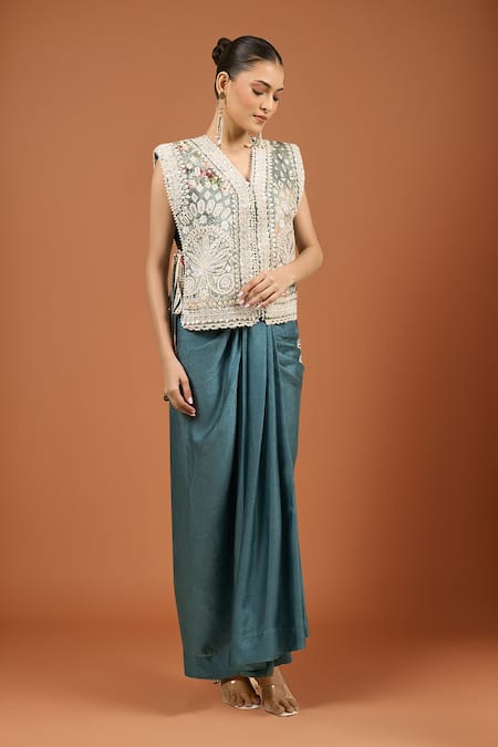 Aseem Kapoor Teal Silk Embroidery V-neck Dull Gilet And Skirt Set 